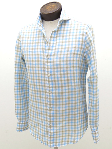 Finamore（フィナモレ）　チェック柄 　リネンカジュアルシャツ　カッタウェイ　白×ブルー×ライトブラウン　サイズ40